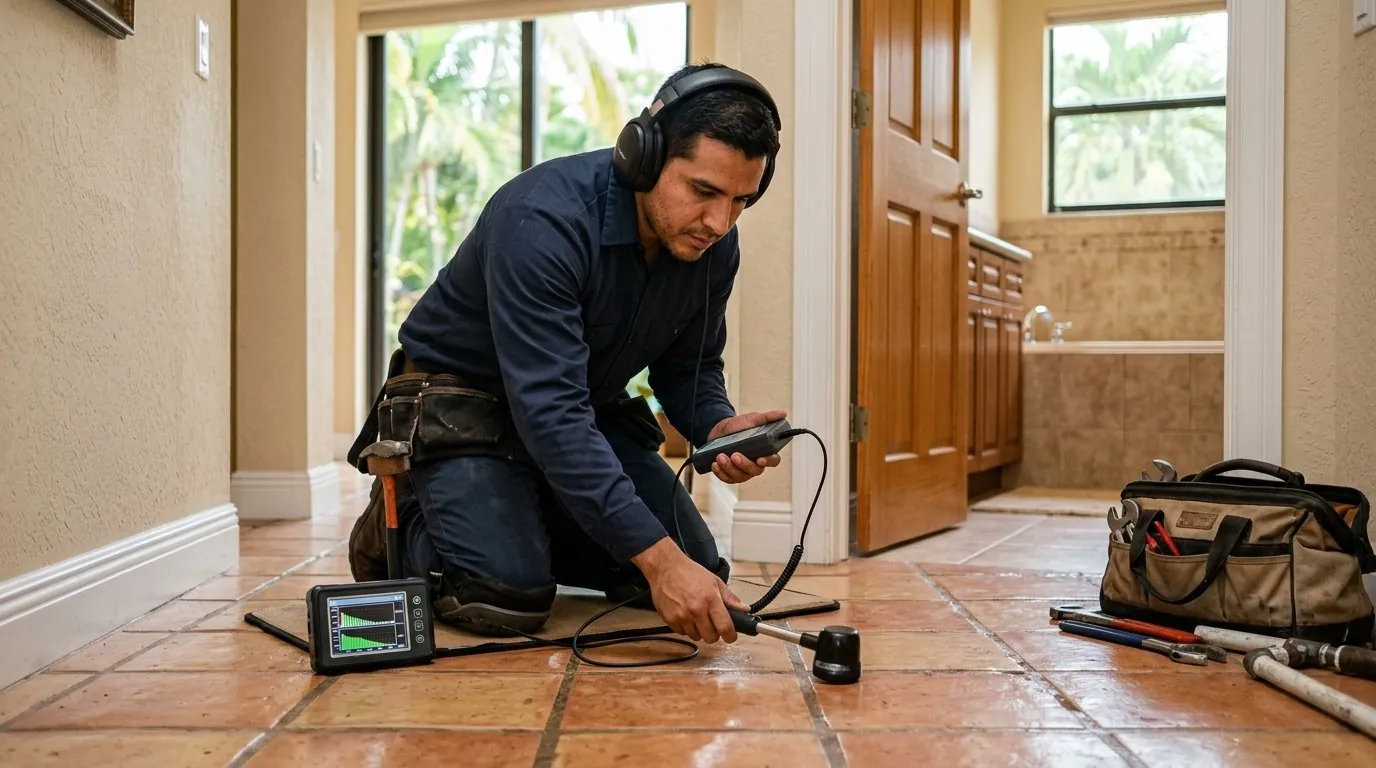 Technician using acoustic equipment to locate a hidden water leak