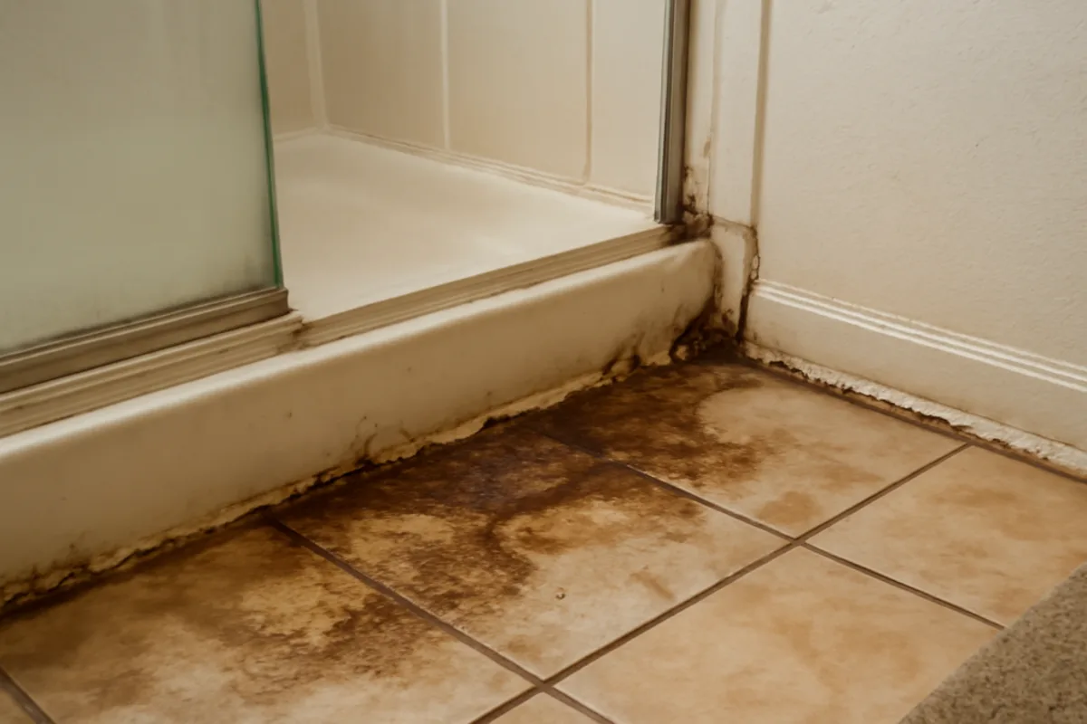 Before bathroom leak detection project showing a damp cabinet or wall after normal use