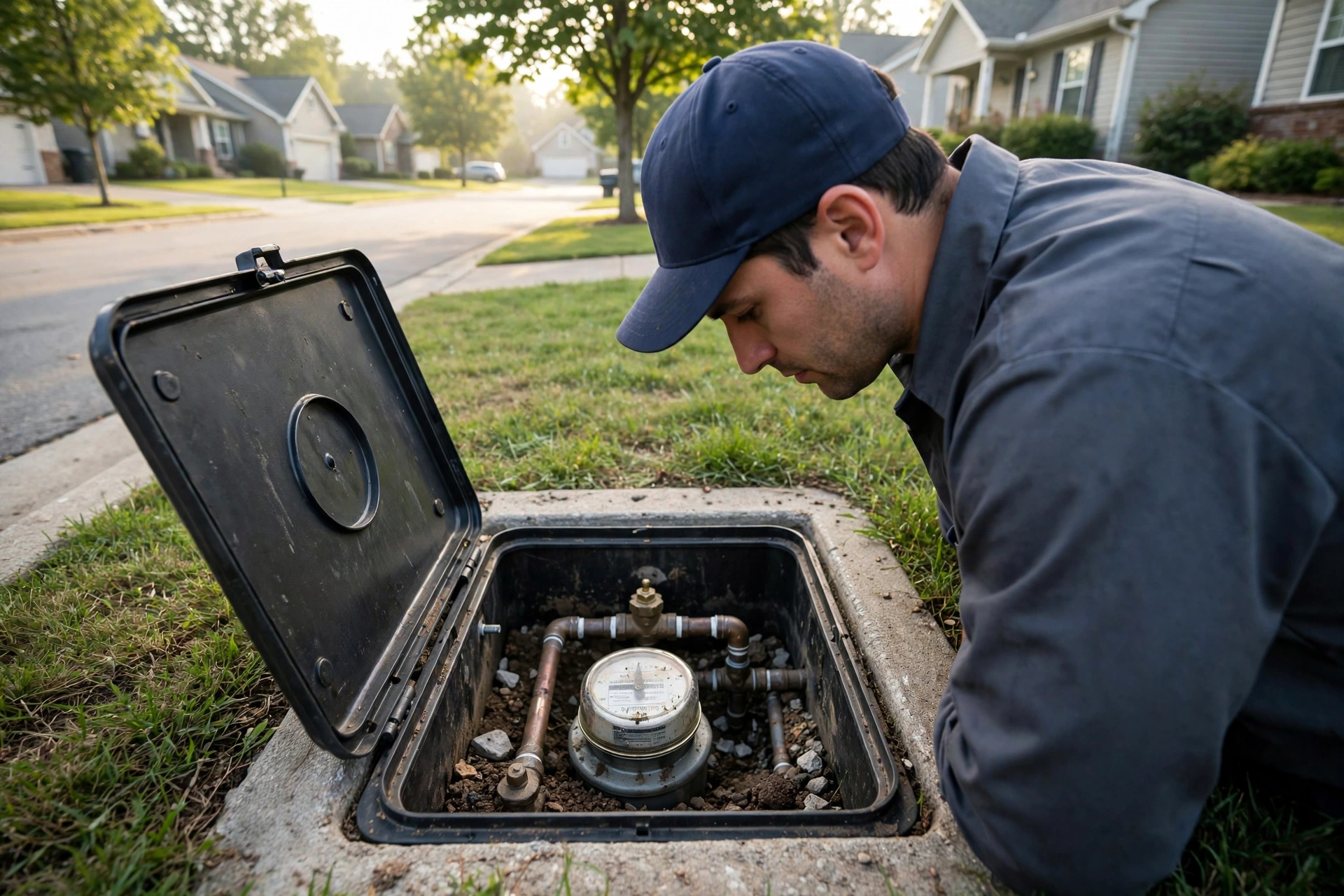 Technician kneeling by an open water meter box checking for hidden water use at a Littleton home
