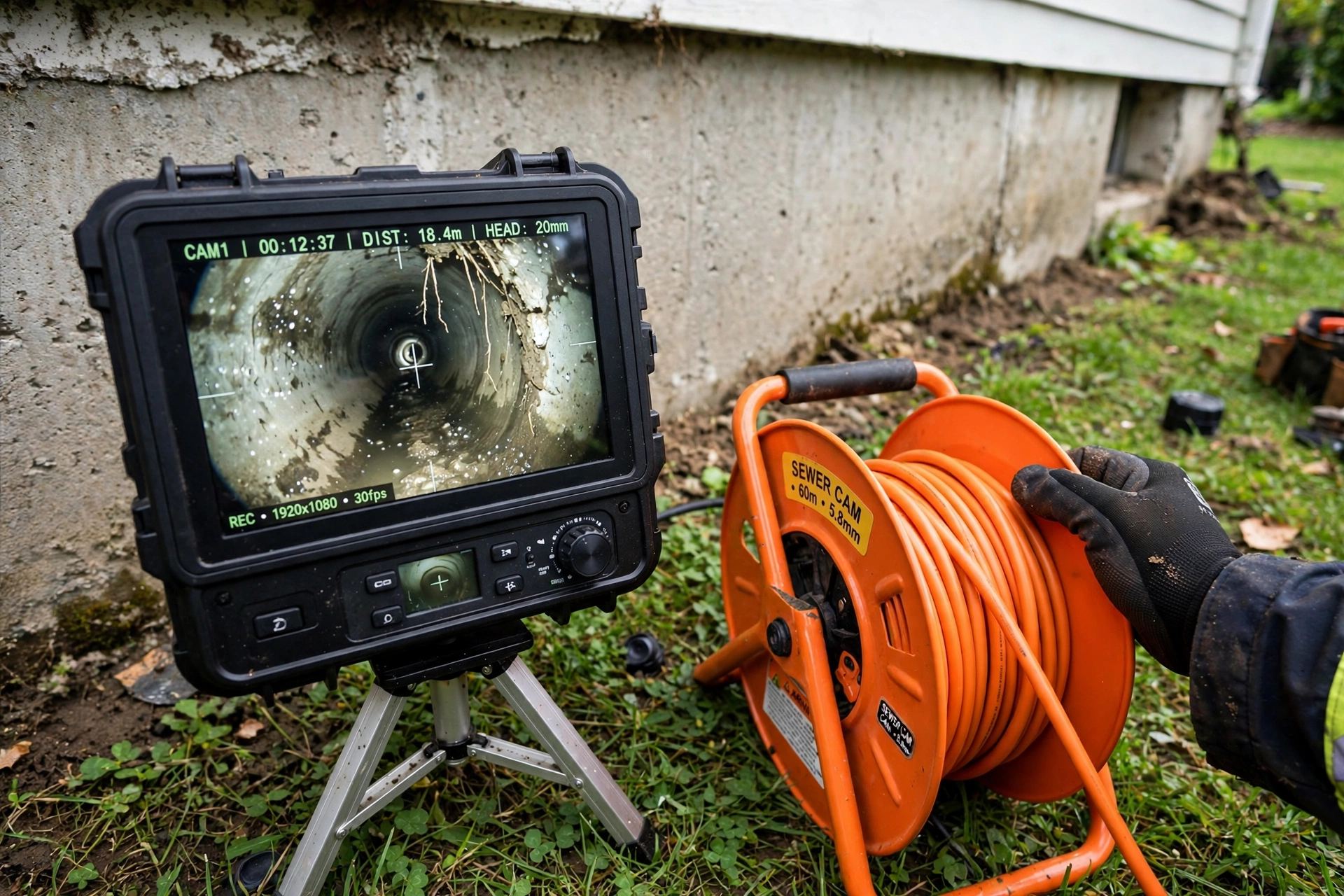 Live sewer camera view of the inside of a pipe on a monitor during an inspection