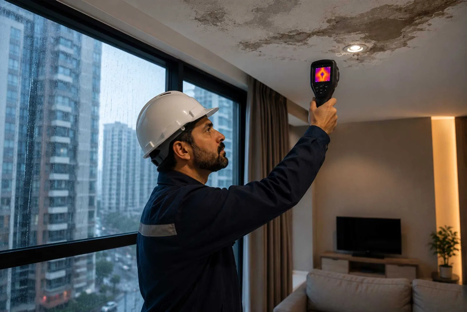 Technician investigating moisture above a bathroom ceiling