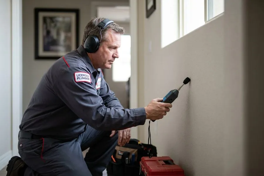 Professional leak detection technician checking a finished floor
