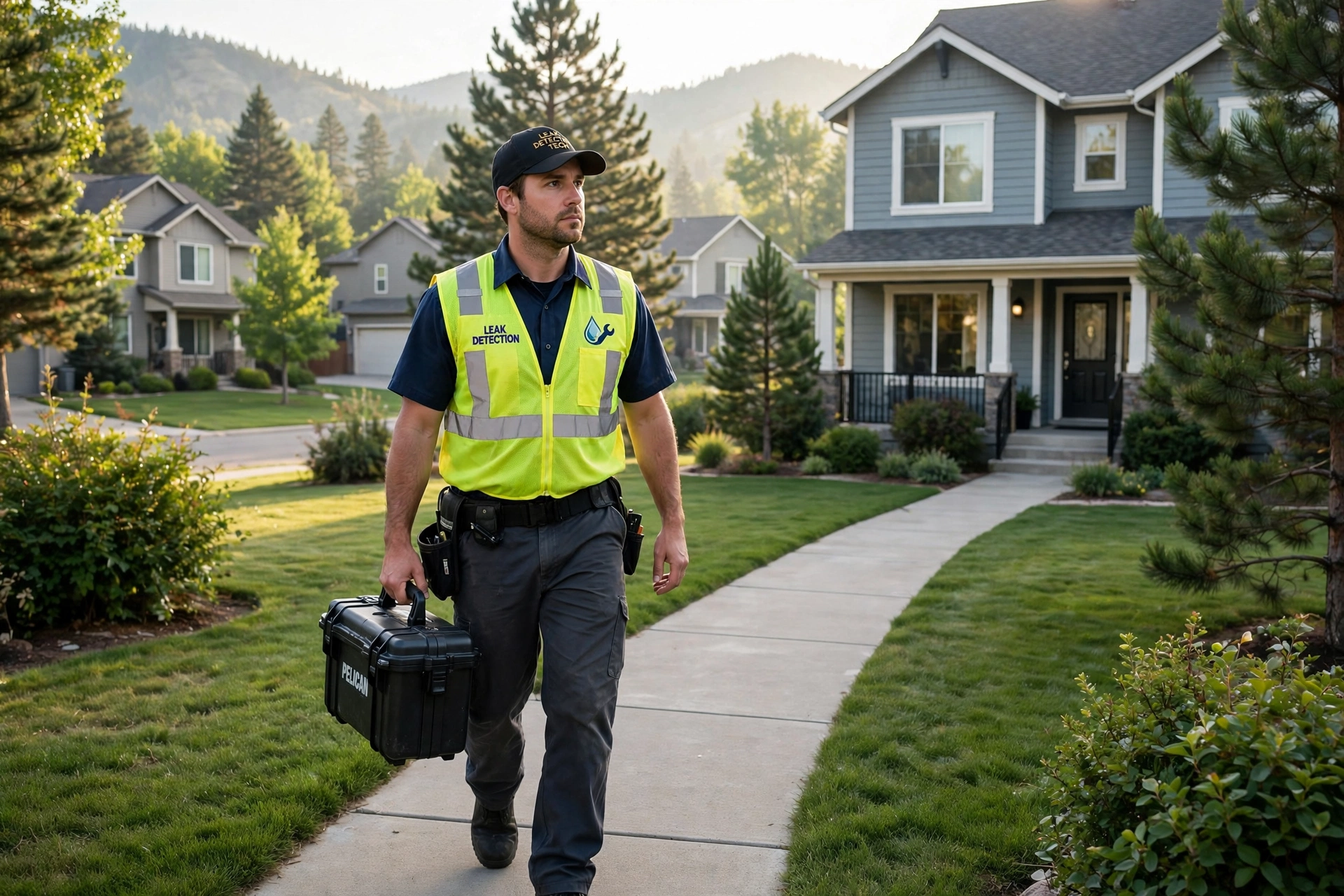 Leak detection technician carrying testing equipment toward a home in a Littleton neighborhood