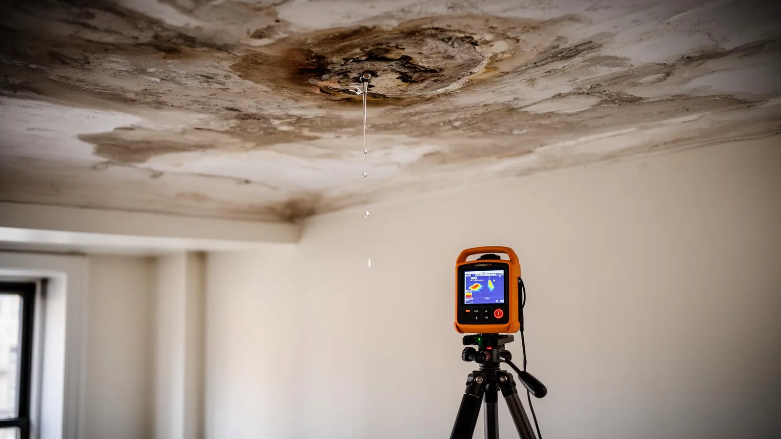 Emergency leak detection technician inspecting active water damage
