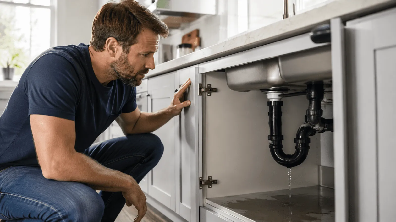 Technician inspecting plumbing below a kitchen sink