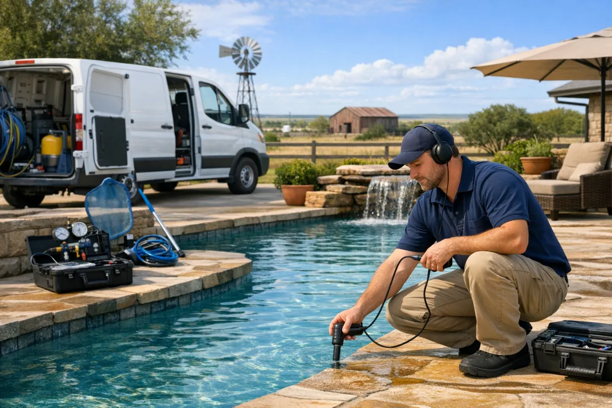 Technician checking a swimming pool for water loss
