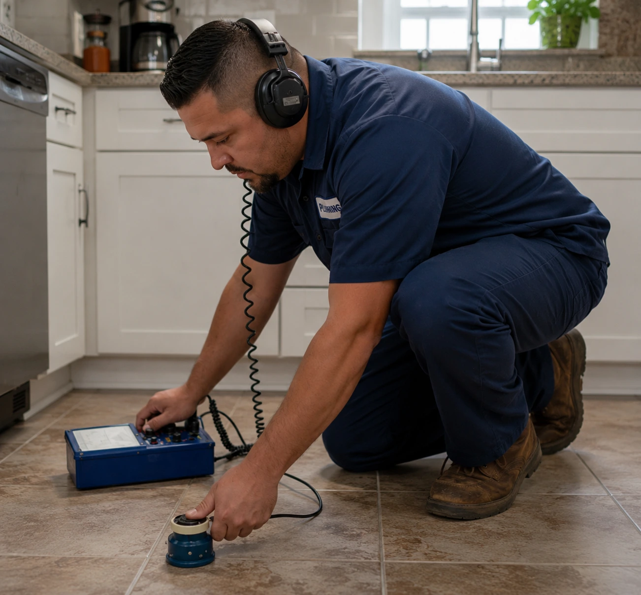 Technician checking a floor during slab leak detection