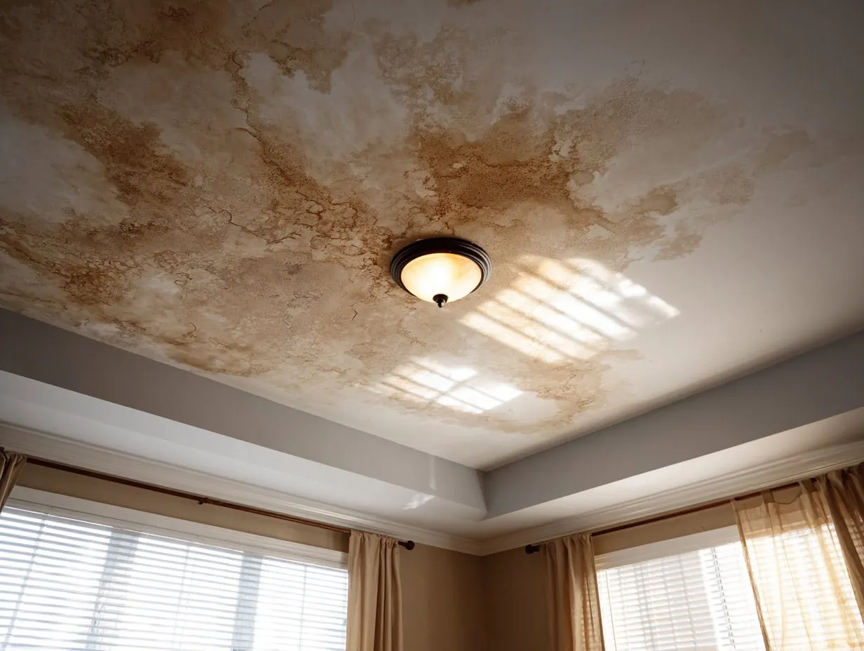Water stain around a ceiling light showing a hidden leak path