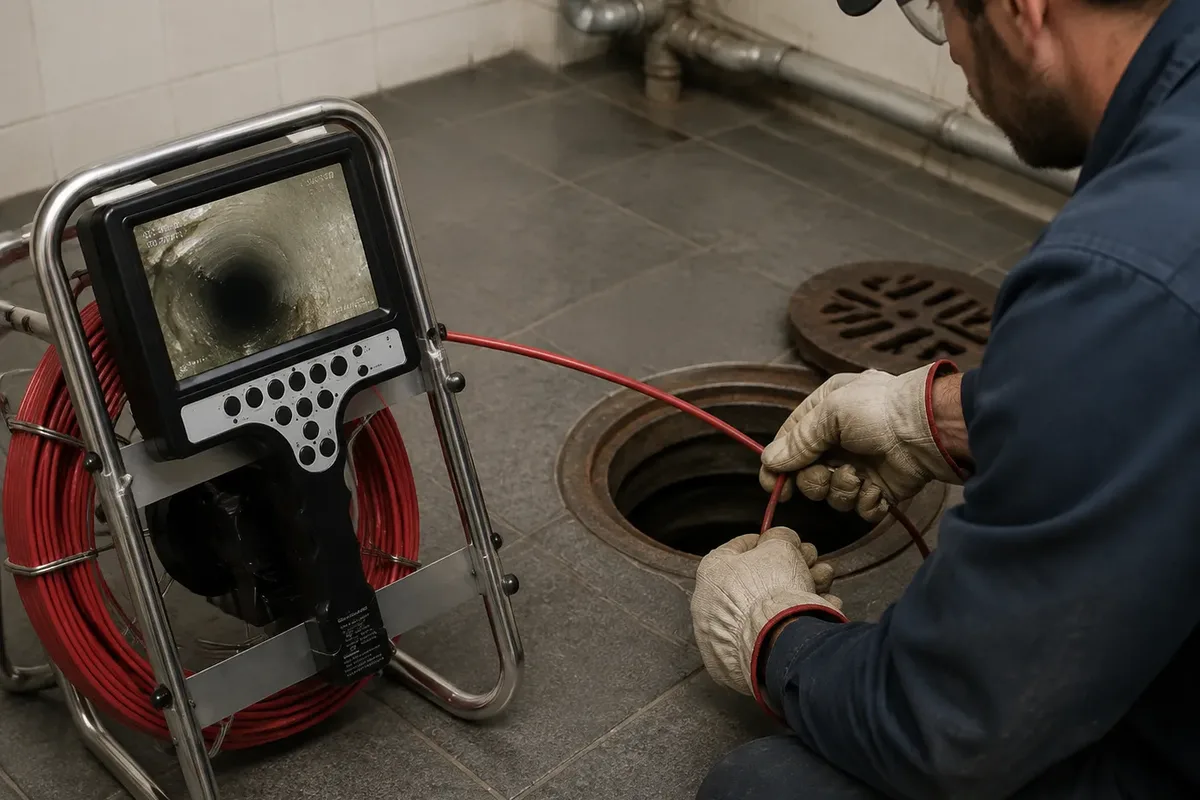 Before sewer line camera inspection project showing odor, gurgling, or backup near a lower drain