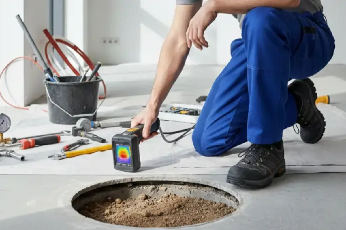 Before slab leak detection project showing a warm patch across one part of the floor