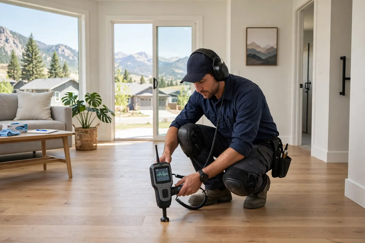 Technician listening for a hidden pipe leak with acoustic equipment inside a Littleton home