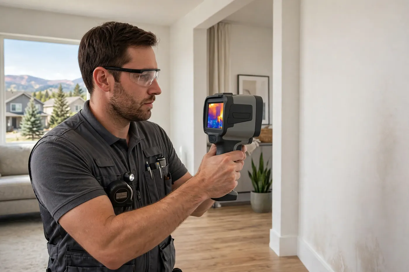 Technician scanning a wall with a thermal camera to trace hidden moisture