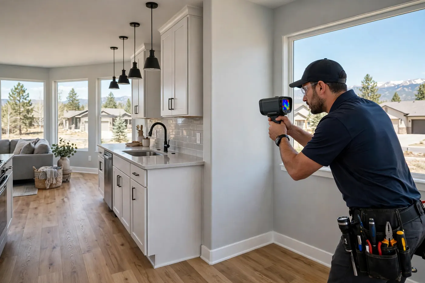 Technician aiming a thermal camera at a kitchen wall in Arapahoe Park