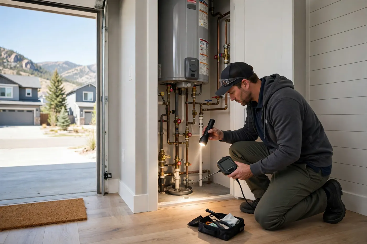 Technician checking a water heater closet for leaks in Arapahoe Park