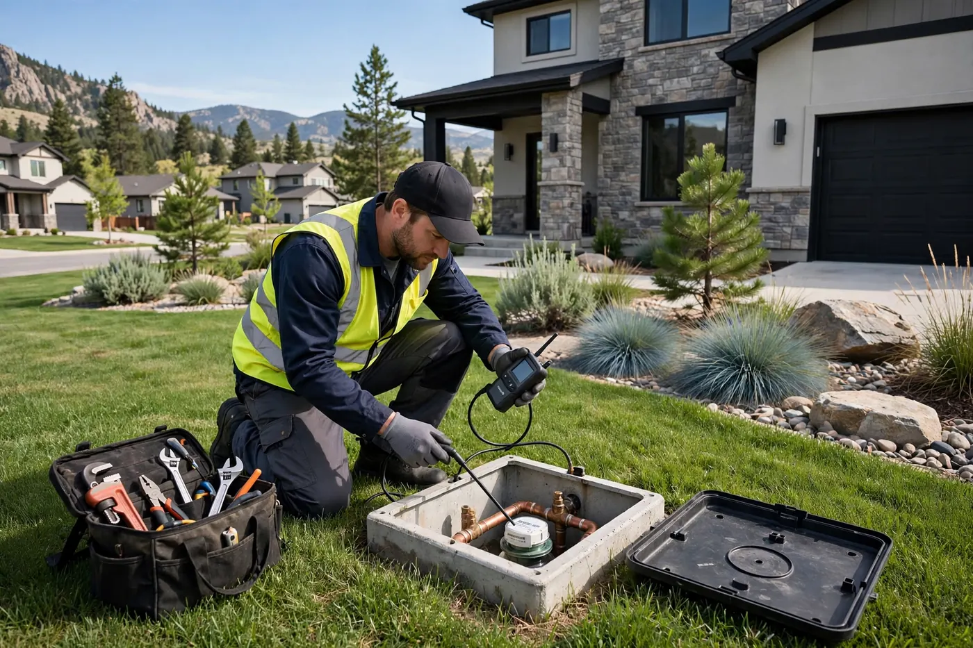 Technician checking a home main water connection with testing gear in Arapahoe Park