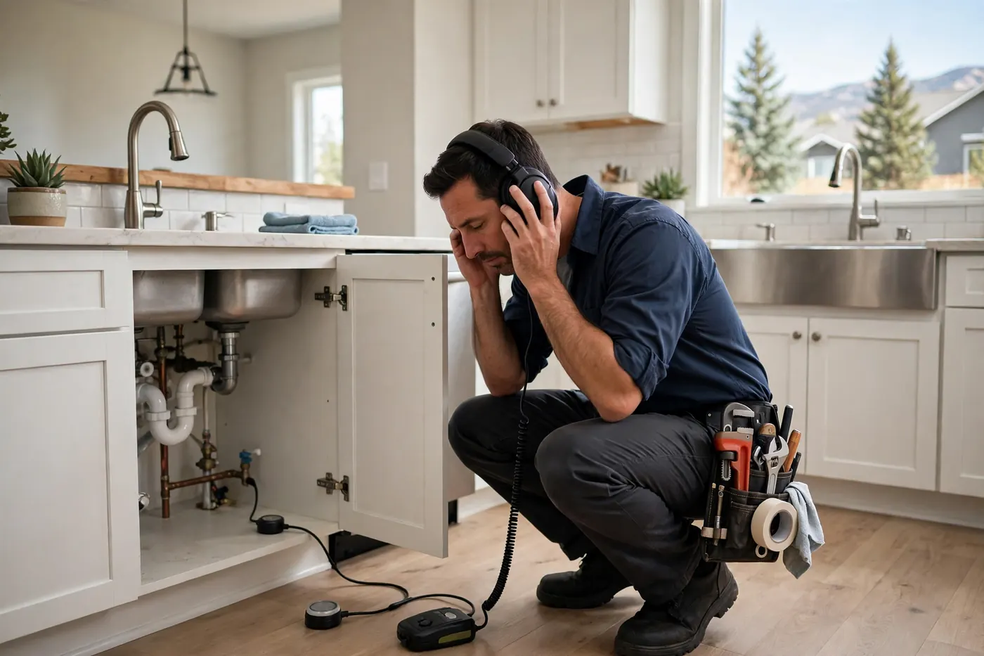 Technician using acoustic listening gear beside a kitchen sink cabinet