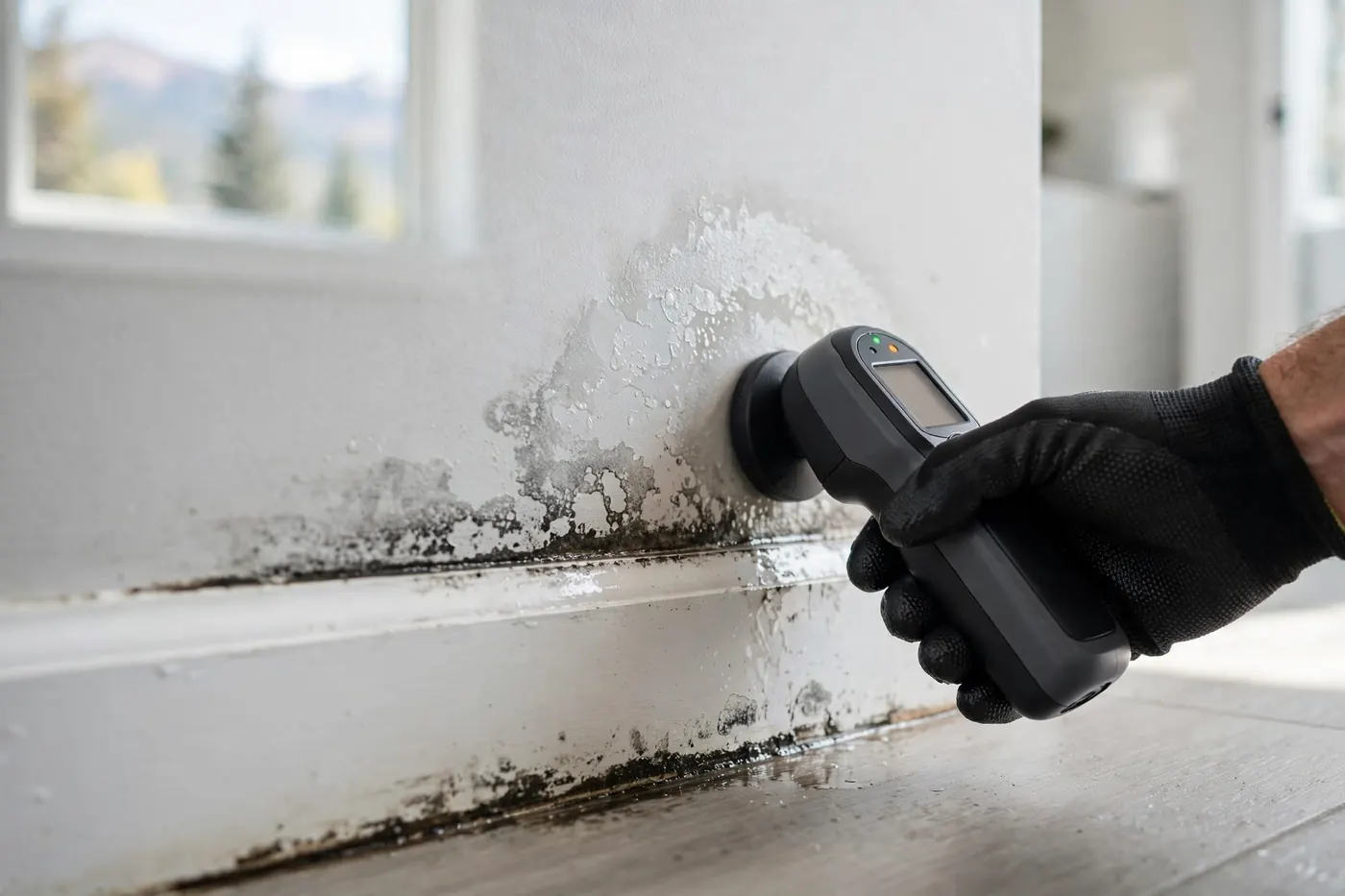 Moisture meter reading damp on a bathroom wall near the baseboard