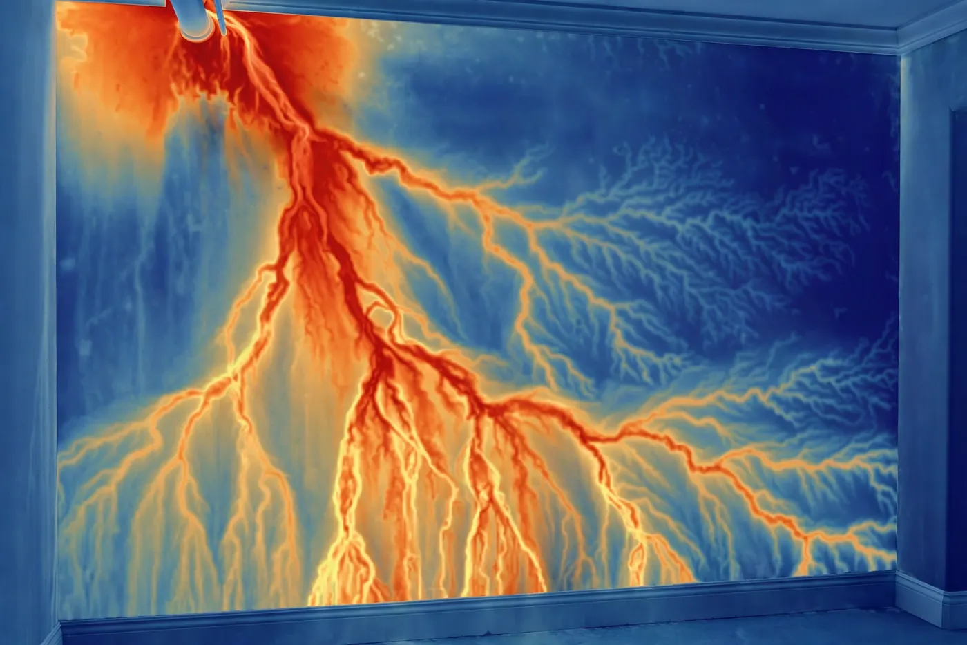 Thermal scan showing a hidden warm water leak pattern behind a living room wall