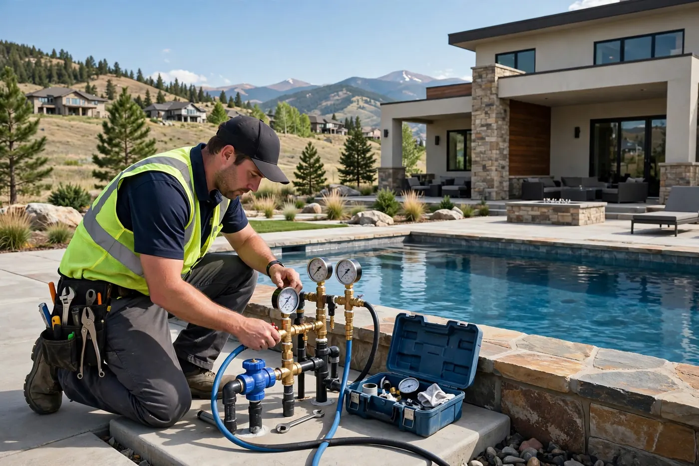Technician pressure-testing swimming pool plumbing at a Bow Mar home