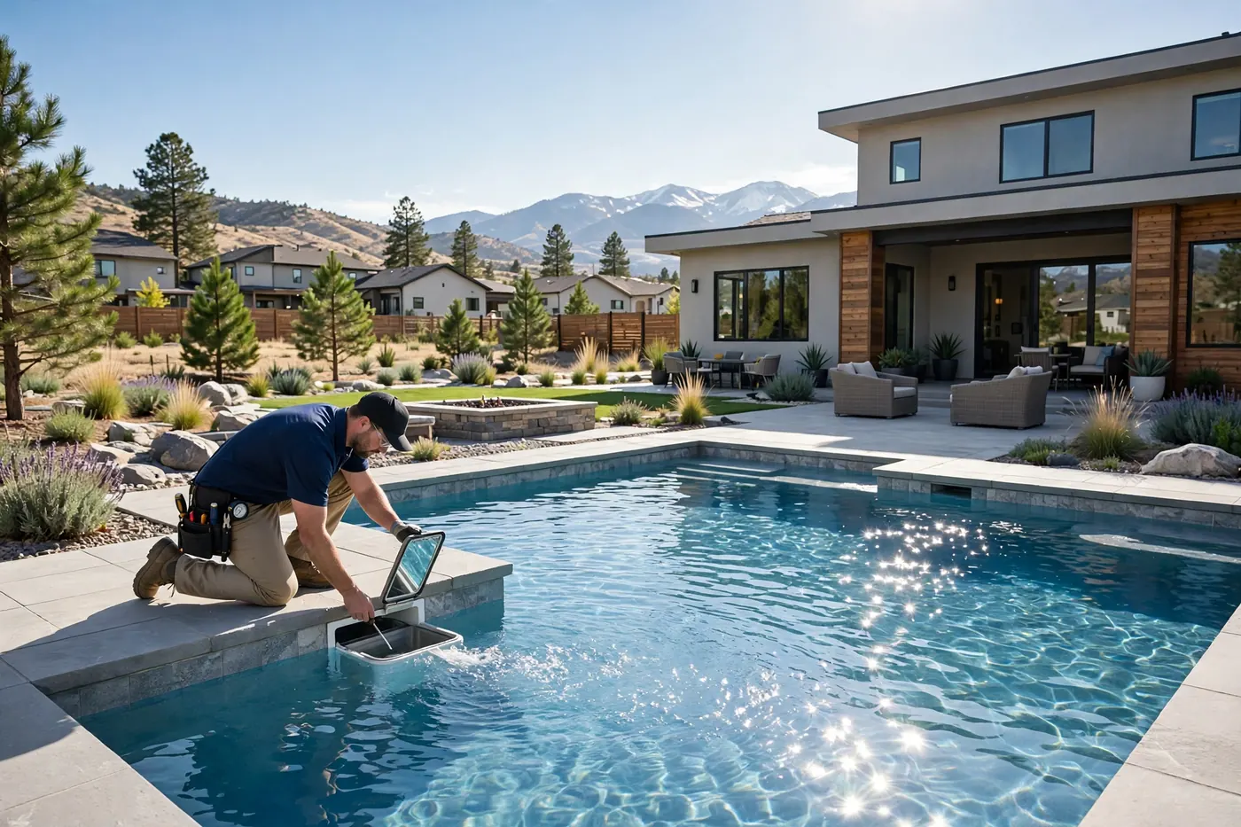 Technician checking pool water level and skimmer for leaks in Bow Mar