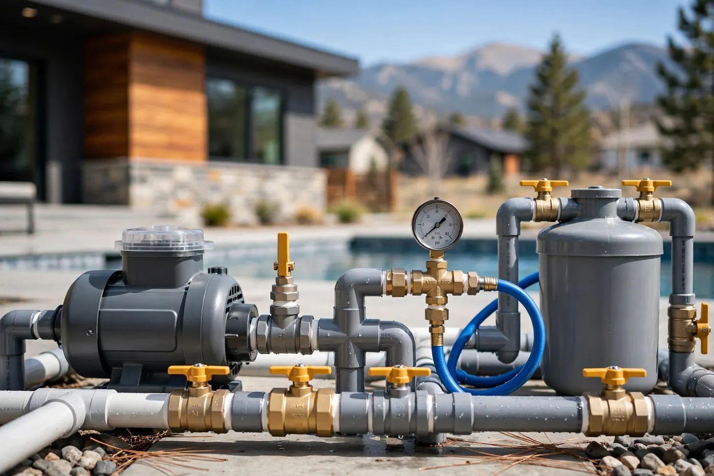 Pool equipment pipes and valves fitted with a gauge for a leak test in Bow Mar
