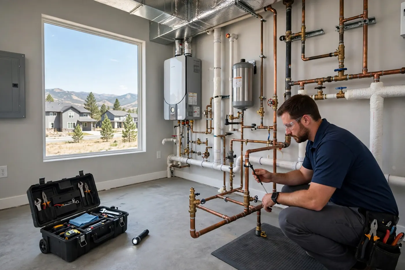 Technician inspecting exposed pipes in a commercial mechanical room in Centennial