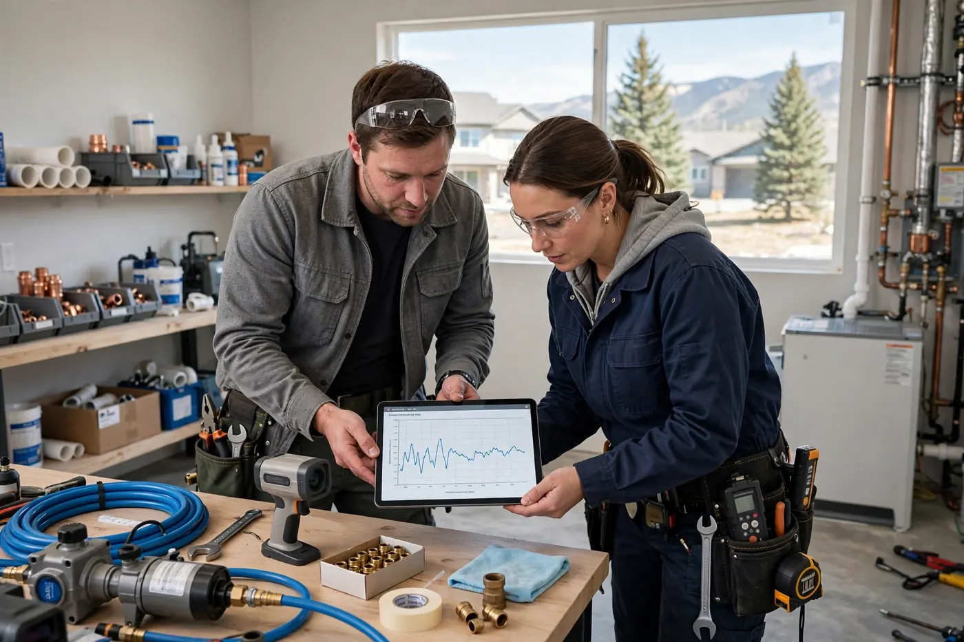 Technicians reviewing a leak test on a tablet inside a Centennial retail building