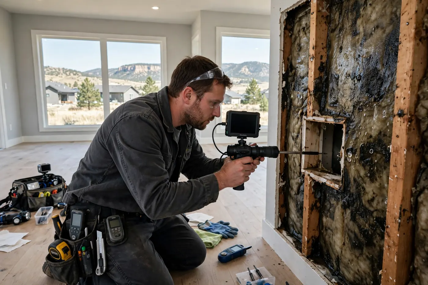 Technician tracing moisture inside a wall cavity with a borescope in Chatfield Bluffs