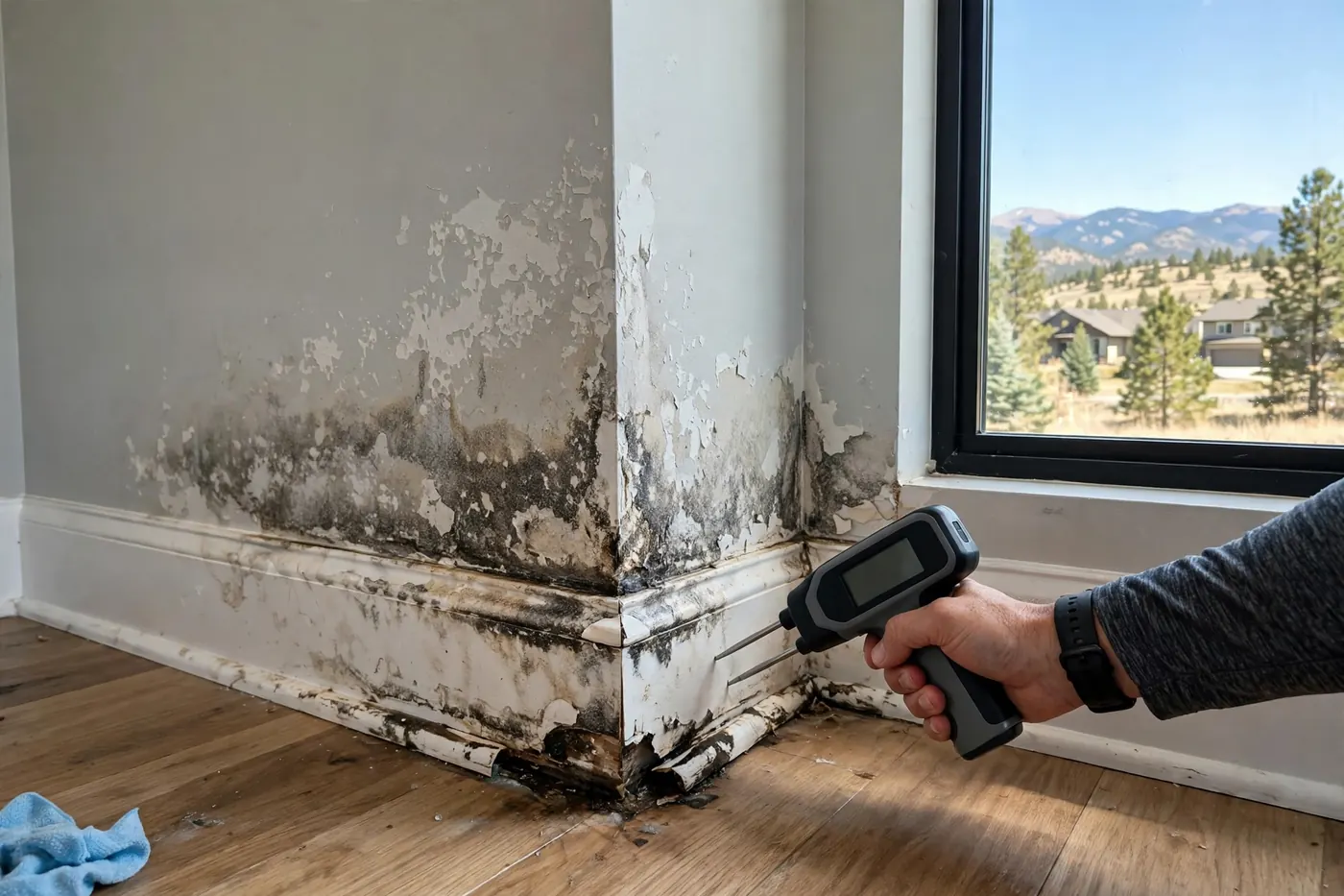 Technician probe-testing a water-damaged baseboard and wall corner in Chatfield Bluffs