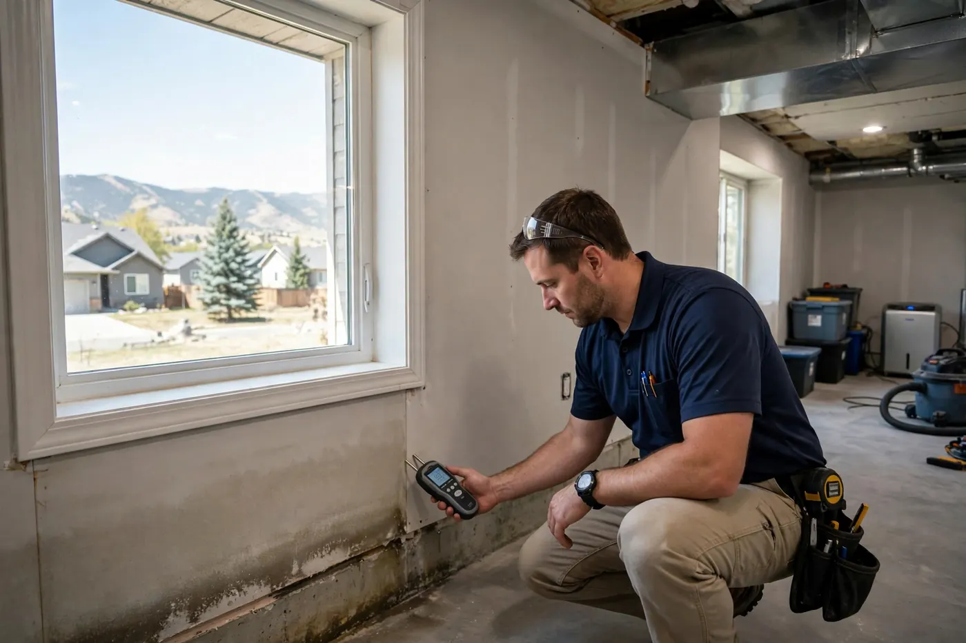 Technician checking a basement wall for leaks with a moisture meter near Chatfield South