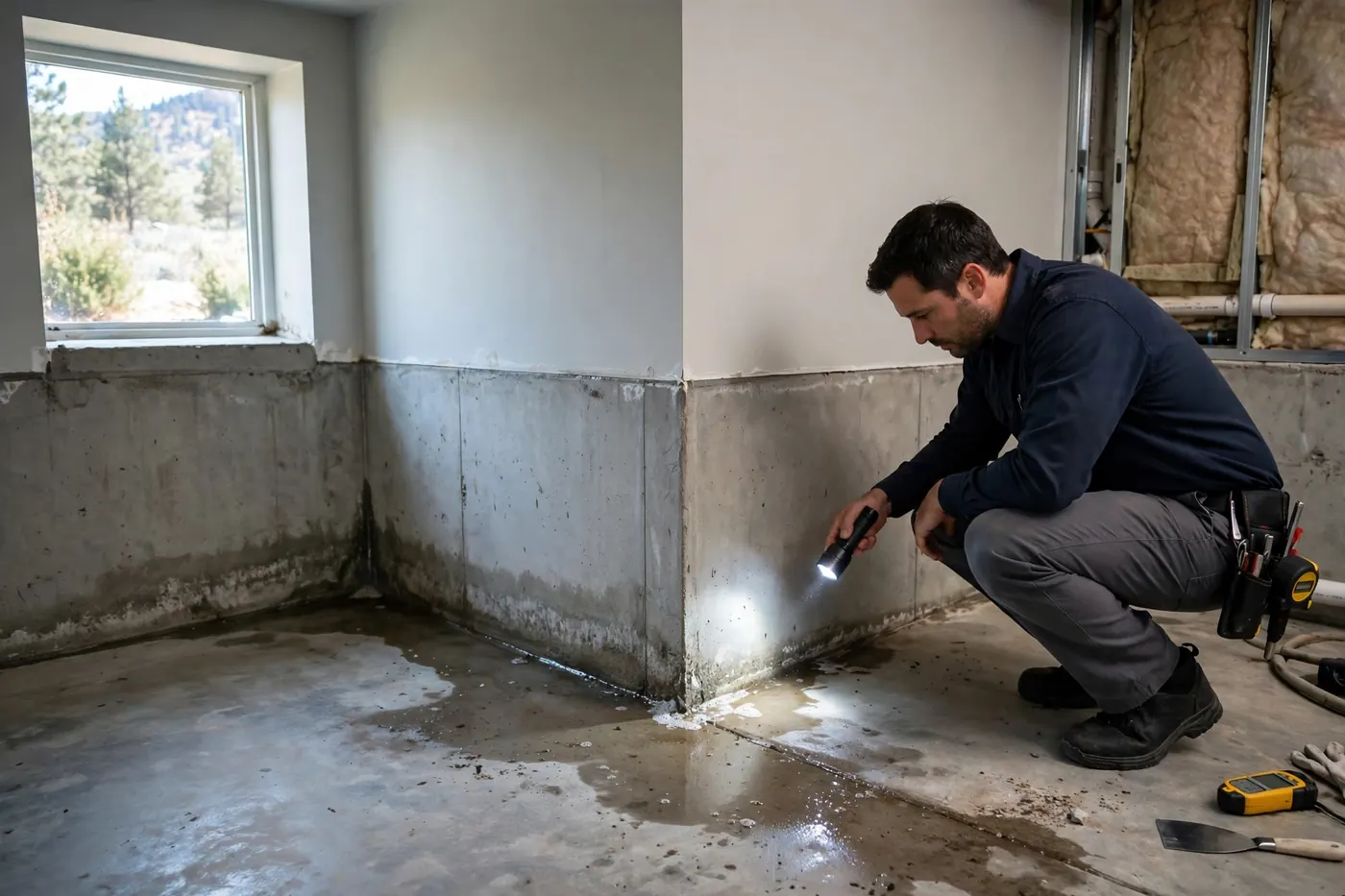 Damp basement floor corner checked for water entry at a Chatfield South home