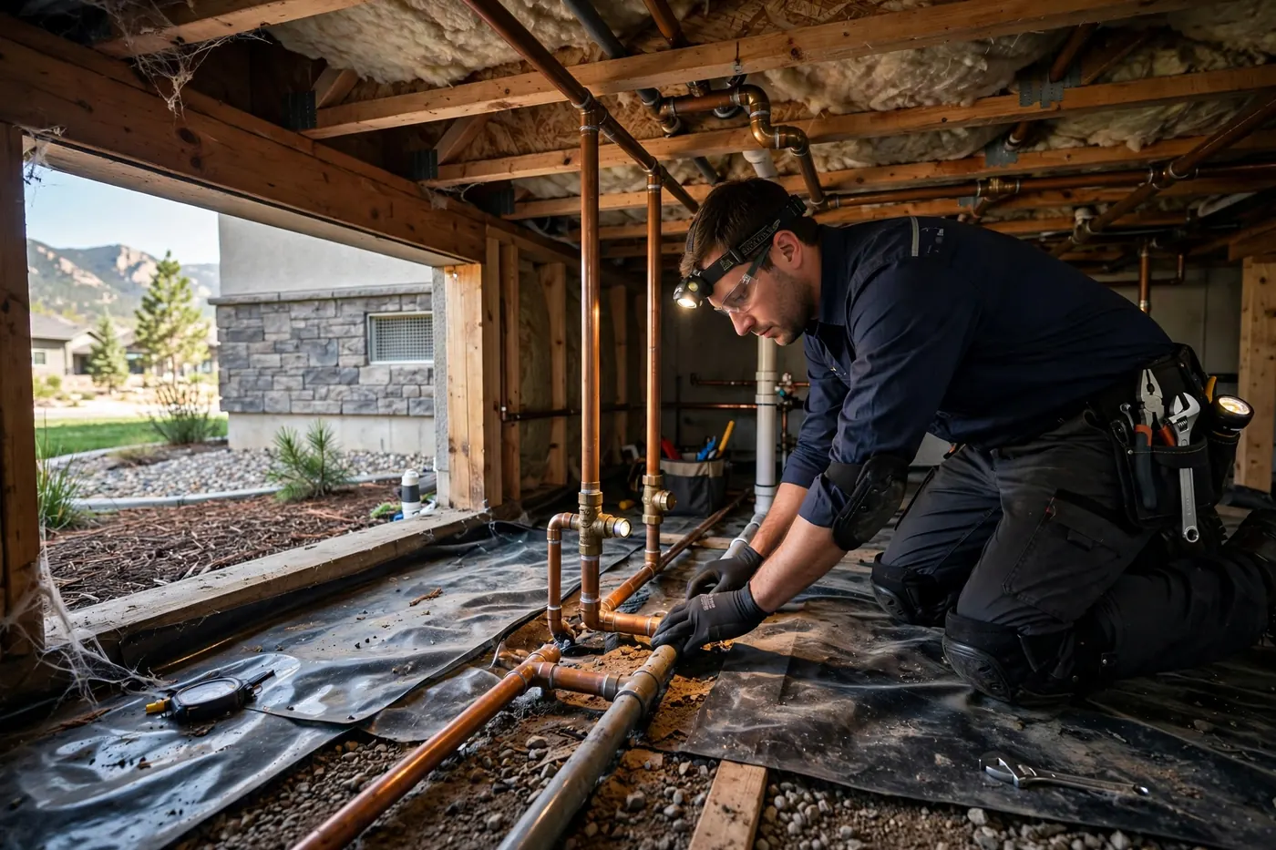Technician inspecting pipes inside a crawlspace with a headlamp near Chatfield South
