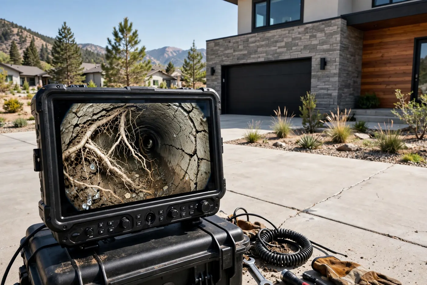 Roots inside a cracked sewer pipe shown on a camera monitor in Columbine Hills