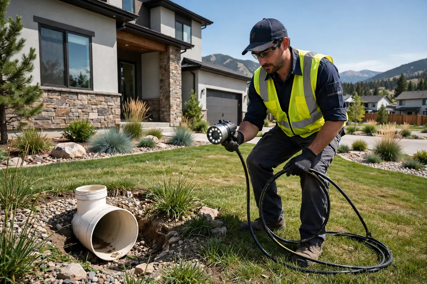 Technician holding a sewer camera head beside an open yard cleanout in Columbine Hills