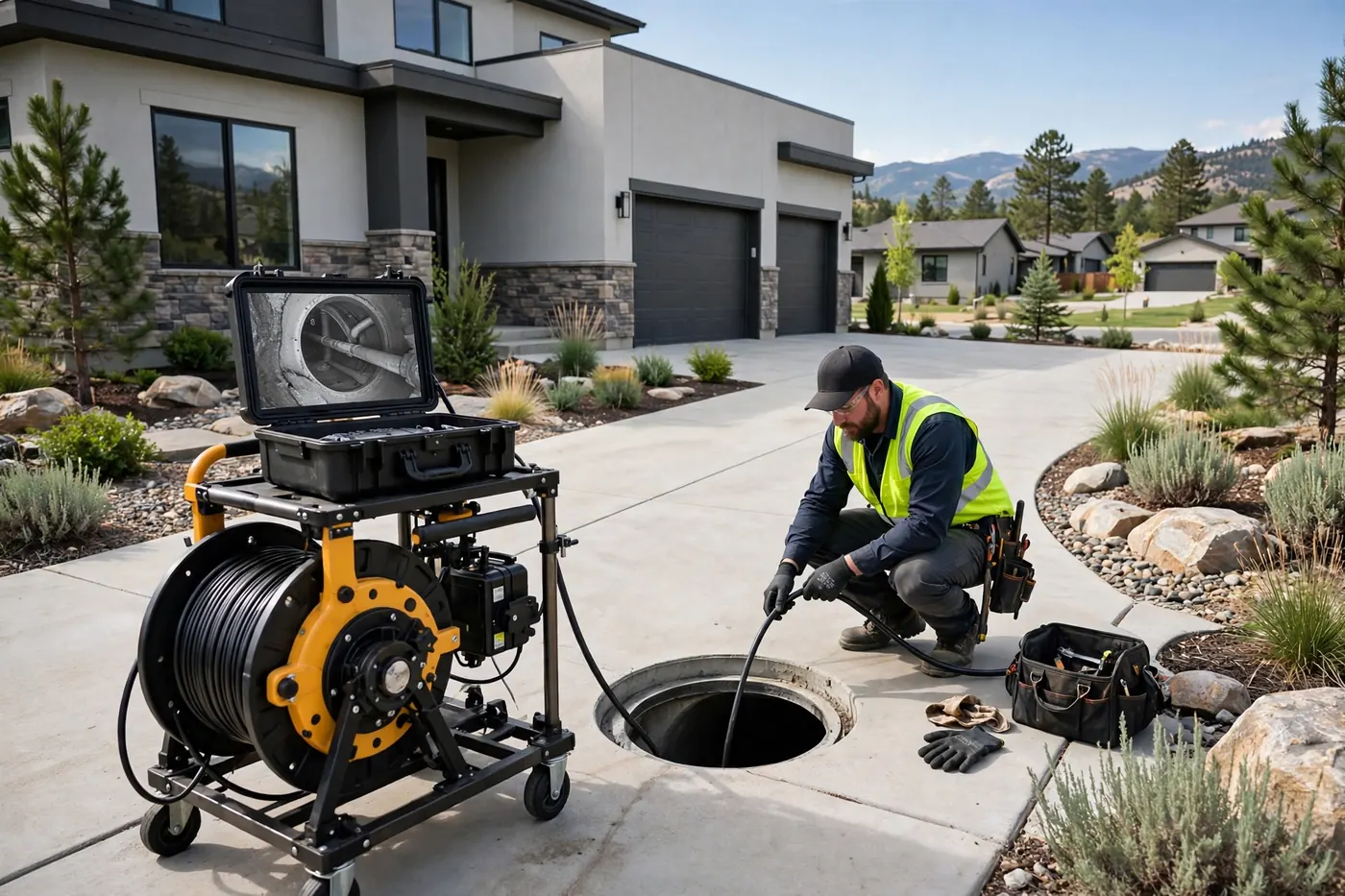 Sewer camera reel and monitor set up in a driveway in Columbine Knolls