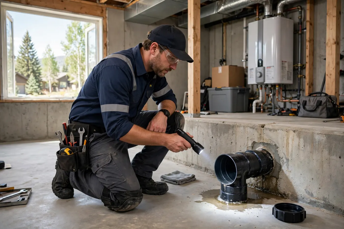 Technician inspecting a basement cleanout pipe with a flashlight in Columbine Knolls