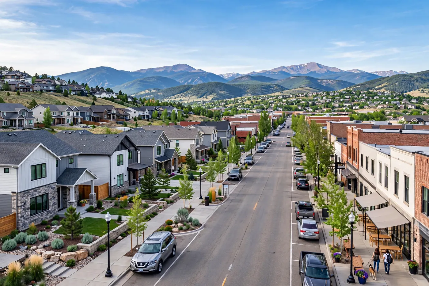 Downtown Littleton, Colorado main street with mountain views