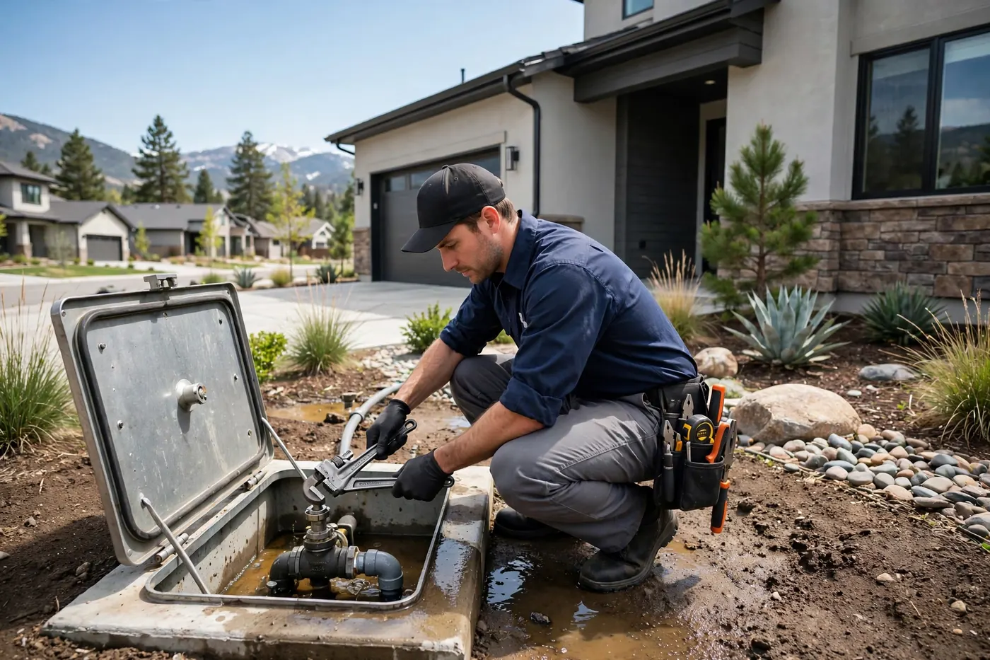 Technician shutting off a home main water valve during an emergency leak call