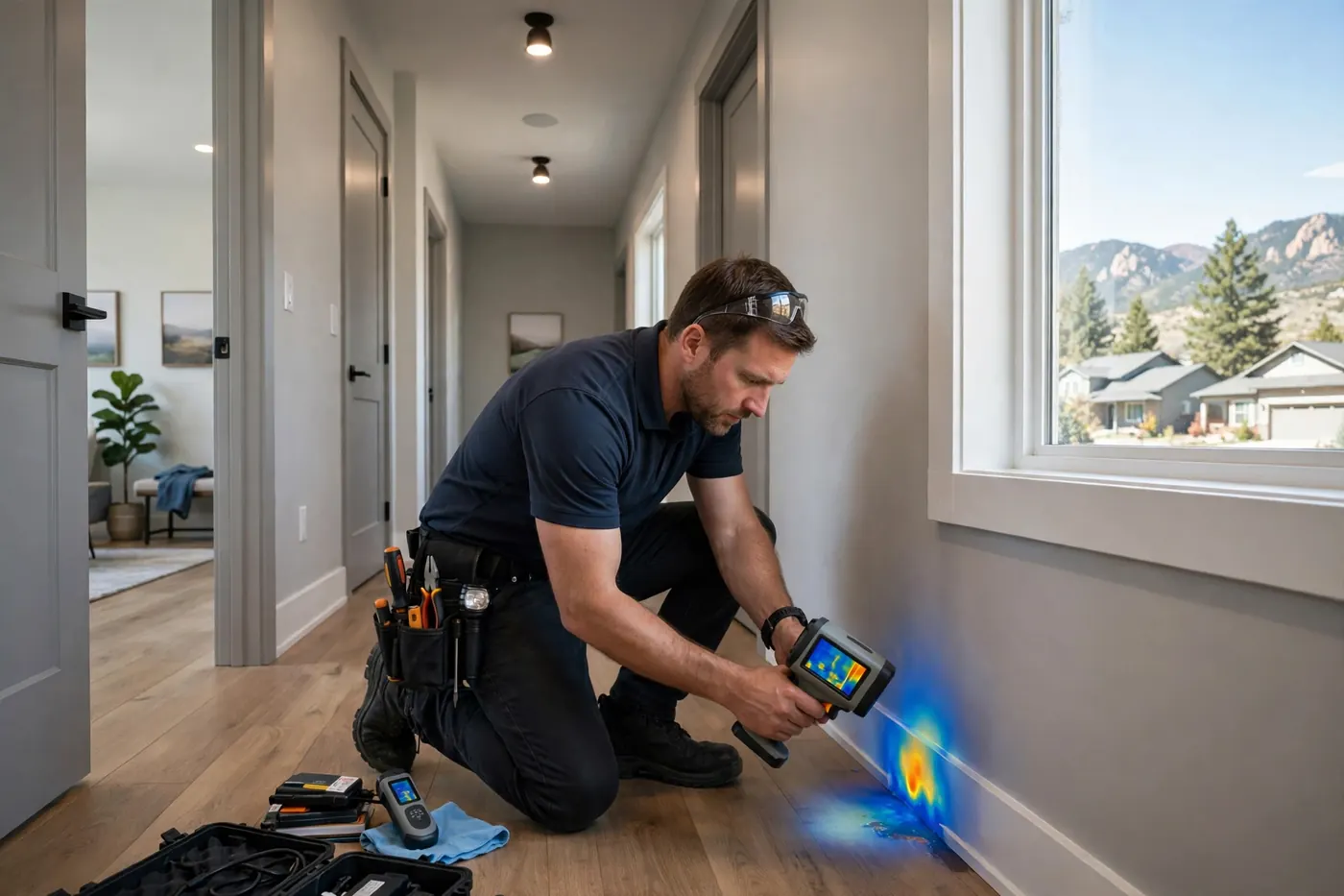 Technician using a thermal camera on a hallway wall to find a slow hidden leak