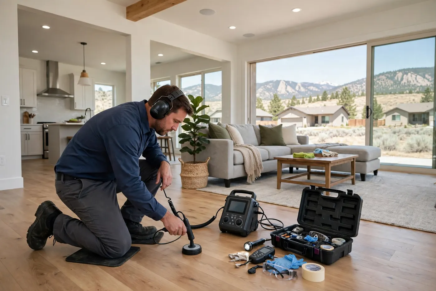 Technician running slab leak detection gear on a floor in Goddard Ranch