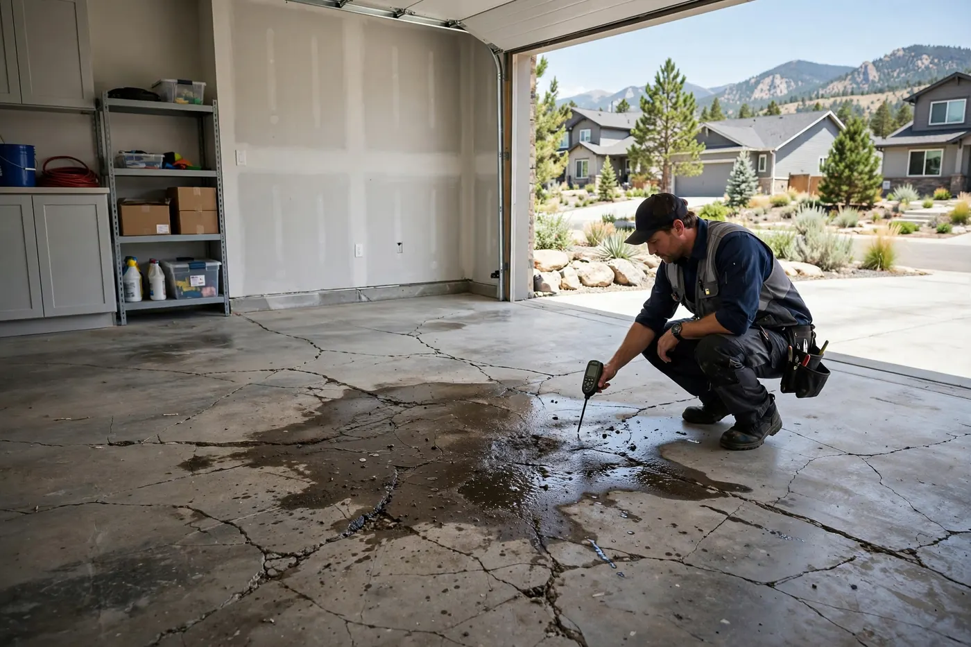 Technician inspecting a damp patch on a cracked concrete floor in Goddard Ranch