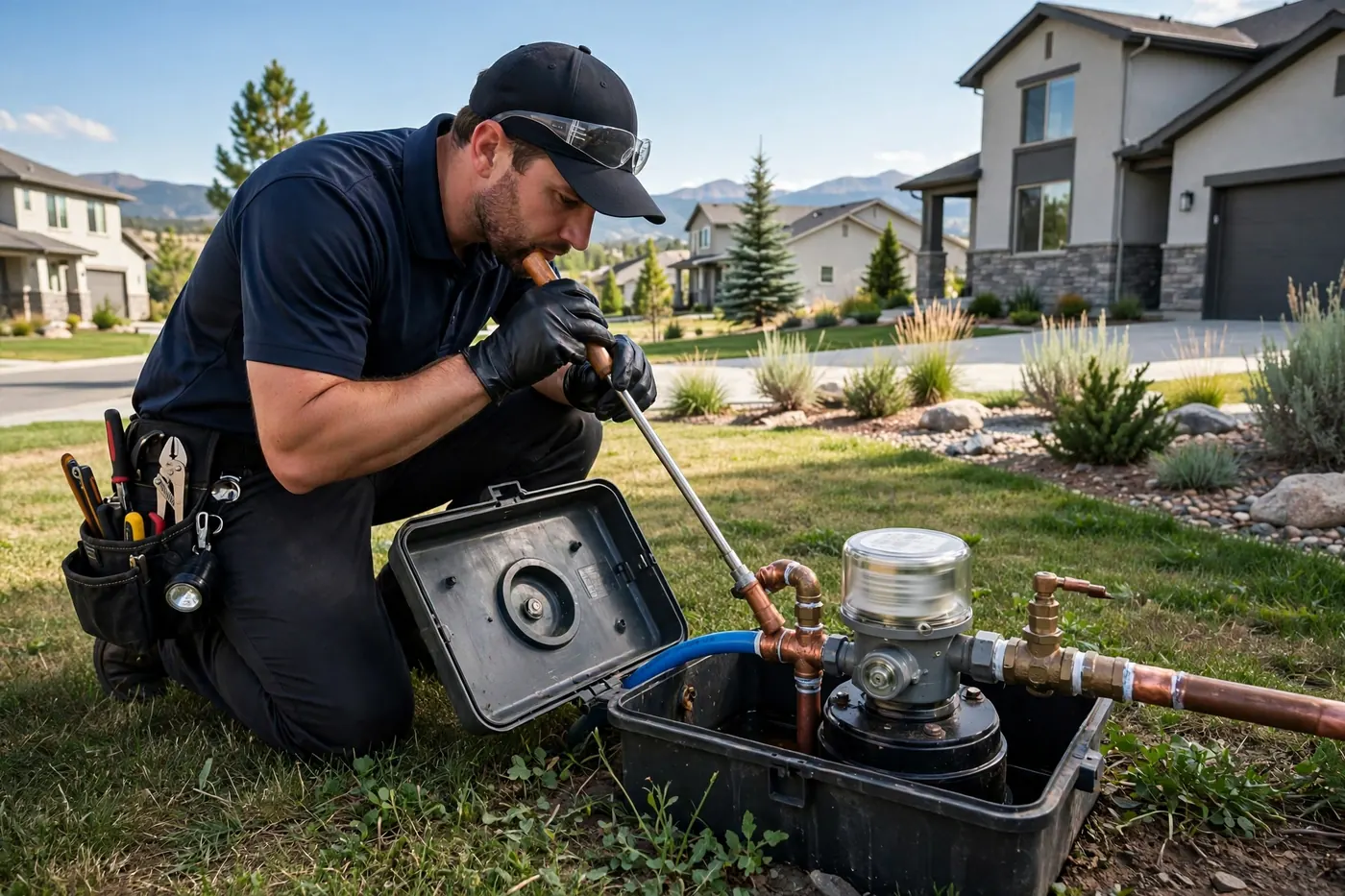 Technician checking a water meter with a listening stick in Goddard Ranch
