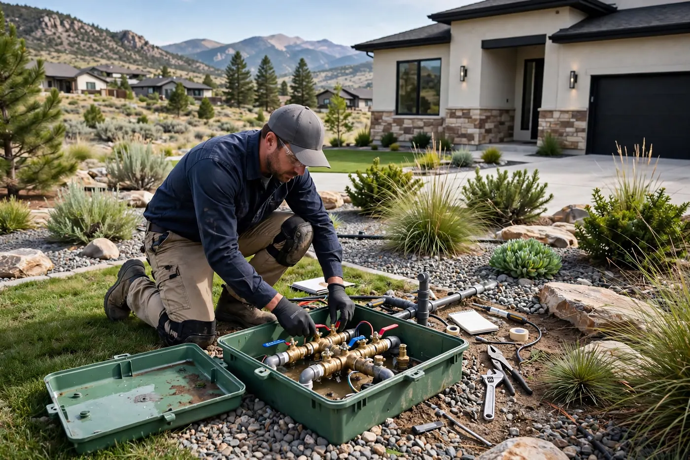 Technician kneeling by exposed sprinkler valves in a Grant Ranch yard