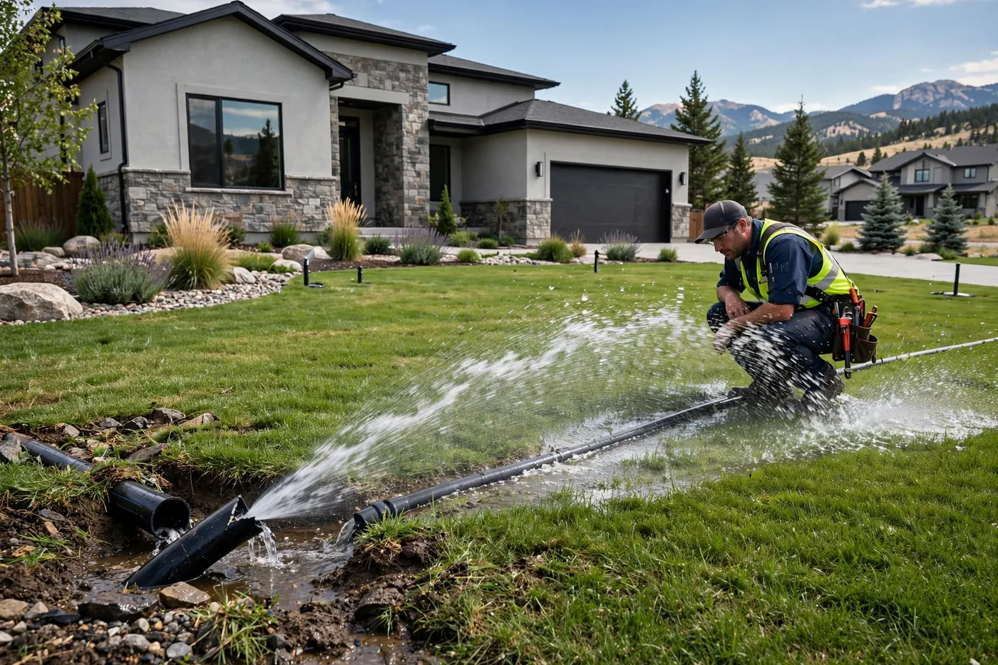 Broken sprinkler line spraying water across a lawn in Grant Ranch