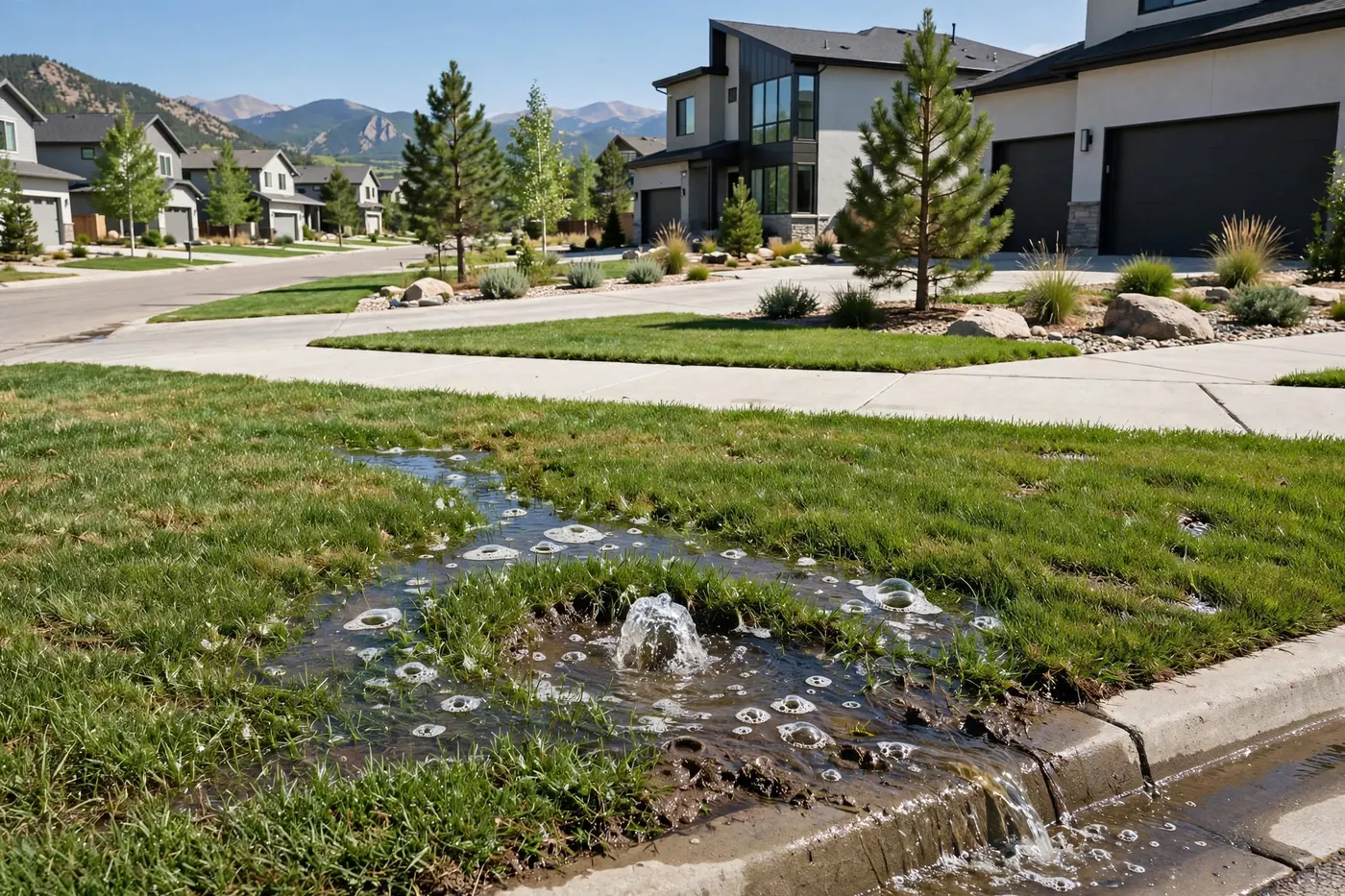 Irrigation leak bubbling up through a green lawn in Grant Ranch