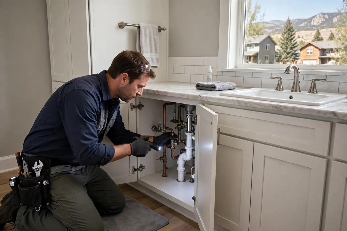 Technician inspecting under-sink bathroom plumbing at a Heritage home