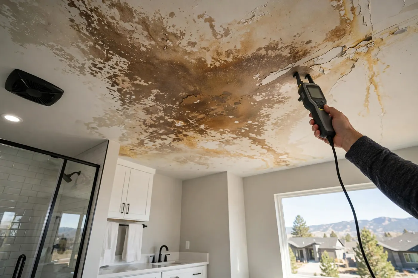 Water stain spreading across a bathroom ceiling checked at a Heritage home