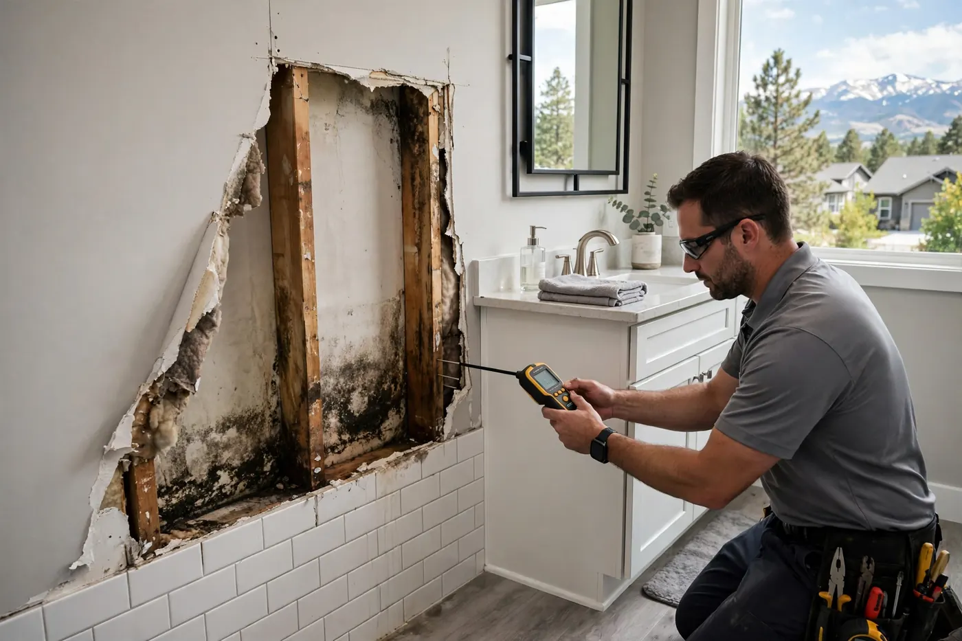 Technician probing moisture damage inside a bathroom wall at a Heritage home