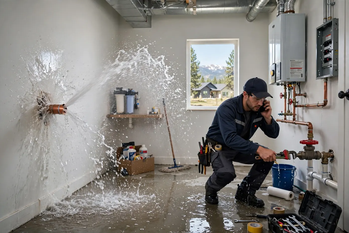 Burst pipe spraying water while a technician shuts a valve in Highlands Ranch