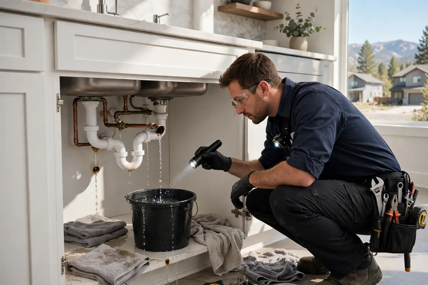 Technician responding to an active leak under a kitchen sink in Highlands Ranch